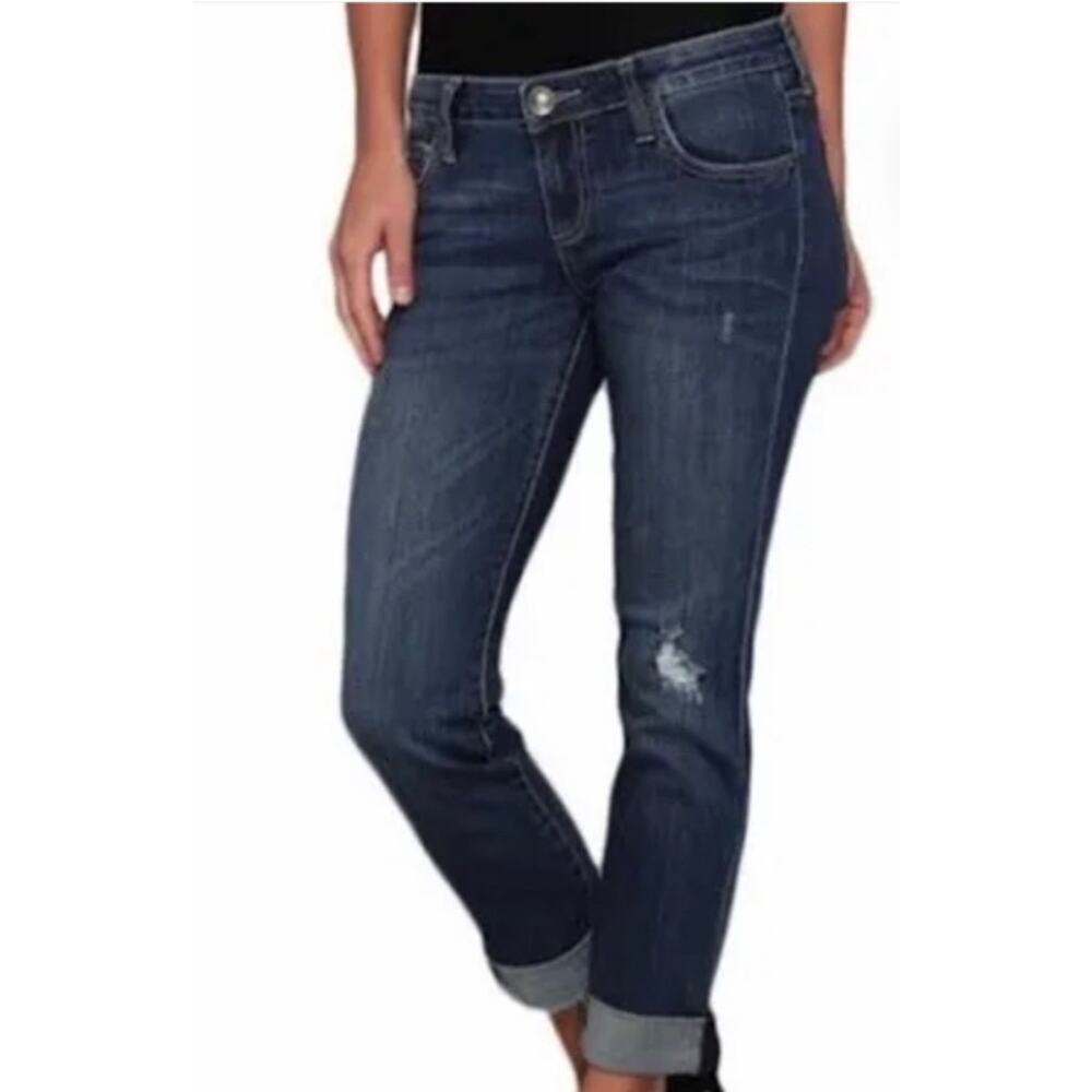 KUT from the Kloth 6 Dark Wash Mid Rise Distressed Boyfriend Jeans #KP176MA5SF